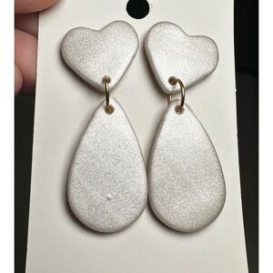 Unique Handmade Earring by Julissas Jewelry Pearl White Heart Drop Polymer Clay